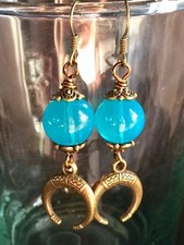 Crescent Moon, Double Horn Charm Earrings In Antique Bronze