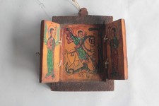 Orthodox Triptych Icon Wood Painted Coptic Cross Ethiopia (72884)