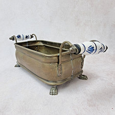 Jardinière Cache-Pot Ancien en Laiton et Faïence Bleue – Pieds Patte-de-Lion