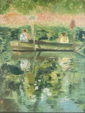 Belle Peinture 1950 Barque Pêche Huile Sur Toile Impressionnisme Impressionniste