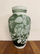 Large Glass Vase Signed Galle - Butterflies & Flowers - Green & White - H 31cm