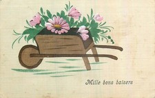 THOUSAND GOOD KISSES FLOWER WHEELBARROW WATERCOLOR CANVAS CARD - 14314