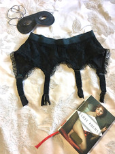 Vintage 1950s French Black Lace Garter Belt Waspie Cincher Guepiere Pinup S