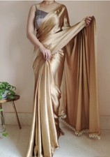 Solid/Plain Bollywood Satin, Silk Blend Saree  (Gold)