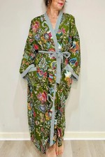Indian Cotton Robe Long Kimono Sleepwear Gown Green Floral Print Beach Robes US