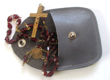 Antique Stunning Gold Plated Engraved Cross Garnet Beaded Rosary Necklace Cases 2441