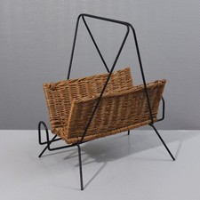 Vintage 1950s Modernist Design Wrought Iron & Rattan Magazine Rack