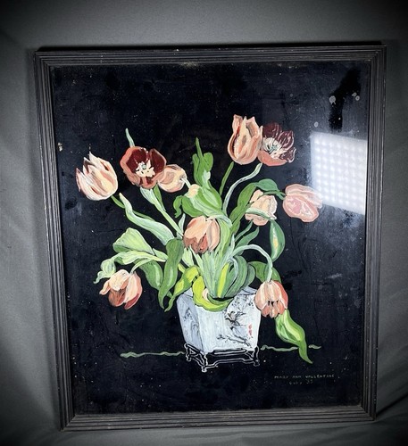 Vintage framed reverse painted - framed, reverse-painted