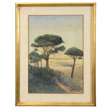 Gouache paysage aux pins parasol signé G. Barbichon école française 1900