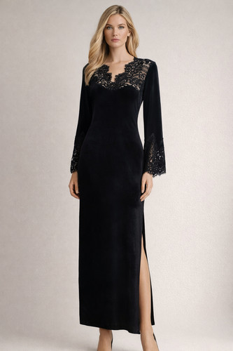 Robe longue velours dentelle - velours, &