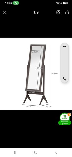 Miroir sur pied rectangulaire