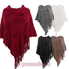 Poncho Femme Étole Grande Cape Franges Pompon Fourrure Châle Neuf W-7071