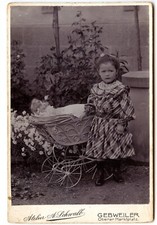 Portrait little girl pram doll Guebwiller Schwalb - old photo deb. 20e