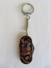 Metal keychain, partitioned enamels / Japanese "knife, decor: birds flowers"
