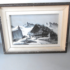 painting mountain chalets relief wood sign raugel