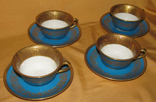 4 Raynaud Limoges Porcelain Coffee Tea Cups Turquoise and Gold Etruscan Vase