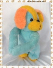 Doudou Peluche Chien Bleu Jaune Et Orange Longs Bras Vintage