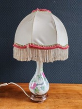 Vintage Porcelain Foot Night Lamp Roses Romantic Pleated Fringe Shade