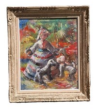 Antique Hsp Child and Animal Scene Painting. Andrée RUY PETROFF (1894-1975)