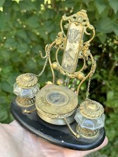 Rare Table Bell & Compass & Inkmaker & Pen Holder Feather & Gold Brass