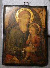 Antique Icône Religieuse Madonna Avec Enfant Sur Bois – Fin Du 19E Siècle – Art