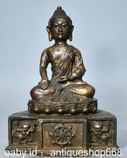 11.2" Vieille statue de Bouddha Amitabha Shakyamuni en cuivre or tibétain