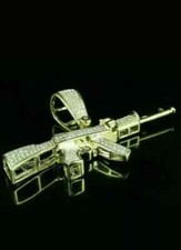 AK47 Gun Hip Hop Pendant Round Lab Created Diamond 1.2Ct 14K Yellow Gold Plated