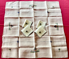 Antique Embroidered Linen Tea Tablecloth, 85 x 85cm, Never Used + 4 Towels