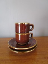 2 ESPRESSO CUPS & SAUCERS BROWN GOLD SMOOTH DELAUNAY ST UZE DRÔME