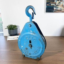 Vintage 1950s Industrial Cast Iron Blue Patinated Pulley Hoist