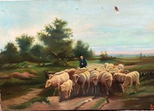 Antique painting signed E. P. Berger and his flock. Oil painting on canvas.  A