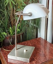 Ancienne Lampe De Bureau Banquier Notaire Métal Brossé Opaline Blanche