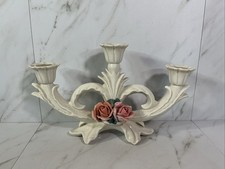 Vintage 3- Light Candle Holder Karl ENS Porcelain Pink Roses Volkstedt Germany 