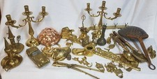 lot of brass objects copper bronze chandelier, candle holder, mold, ashtray, car