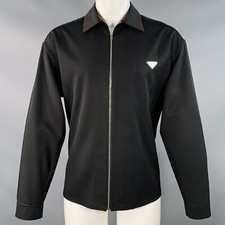 PRADA Taille S Veste Chemise Zippée En Laine Vierge Noire À Col Contrasté