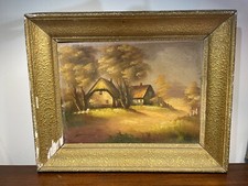 Cadre Ancien avec Peinture sur Toile Maison Paysage Campagne à Restaurer (A2)