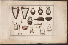 1810 Gravure originale judaïsme instruments musique lyres bombarde harpe hébreux