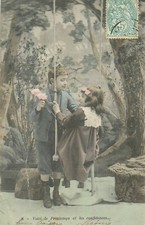 CP KIDS WITH ROSES AND GIRL ON BALANCOIRE 