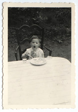 Boy Eats Only Table Garden Stains - Old Photo Snapshot