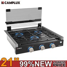 CAMPLUX 21" RV Gas Cooktop 3-Burner LED Knob w/Foldable Glass Cover Camper Stove