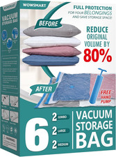 6 Pack Vacuum Storage Bags with Pump - Save 80% Space for Clothes & More