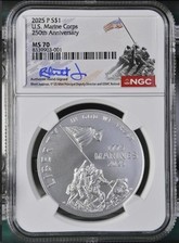 2025-P Marine Corps 250th Anniversary Silver $1 Dollar Uncirculated NGC MS70 