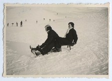 Two Women Sledge Snow Ski - Old Photo Snapshot
