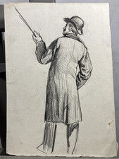 Antique Impressionist Drawing Man with Cane Manuscript Mention on Back c.1880