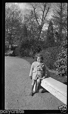 Portrait Young Boy Near Stone Bench Park - Old Year Photo Negative. 1940