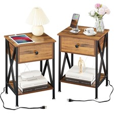 VECELO Nightstand Bedside End Tables with Charging Station USB Ports Drawer S...