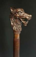 Ancienne canne à pied en bois manche tête de loup en aluminium cadeau fête de...