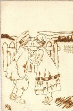 PYROGRAPH DRAWN POSTCARD ILLUSTRATOR H.B FANTASY THE KISS