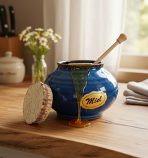Blue Sandstone Honey Pot - "Honey" - Made in France - Vintage Pottery