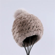 Luxury Women Rex Rabbit Fur Beanie Hats Lady Winter Warm Cap With Fox Fur Pom
